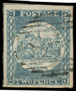 1850-51 Sydney Views Plate II (Horizontally Lined Background) Early Impressions 2d indigo with No Whip SG 21e, margins good to large with outer framelines at top & left, light numeral cancel clear of the variety, Cat £475.