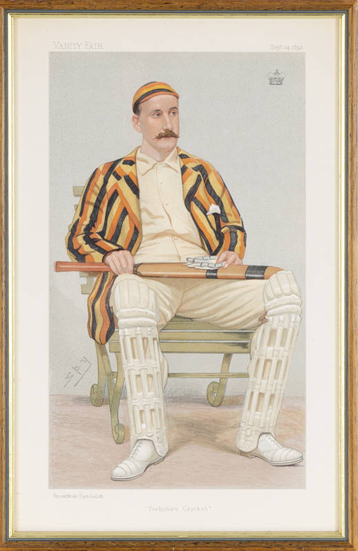 'VANITY FAIR' CRICKET PRINT: "Yorkshire Cricket" (Lord Hawke) by Spy (Sir Leslie Ward), colour lithograph, published Sept 24 1892, framed & glazed, overall 27x40cm.