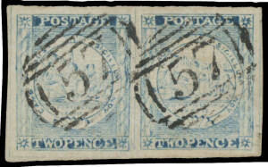 1850-51 Sydney Views Plate IV (Double-Lined Bale & Circle in Each Star) 2d Prussian blue horizontal pair the first unit with Fan with Six Segments SG 35/b [20-21] additionally with part of the elaborate Papermaker's Watermark across Both Units, ironed-out