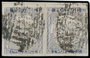 1850-51 Sydney Views Plate V (Pearl in the Fan) on Stout Vertically Laid Paper 2d dull ultramarine SG 38 horizontal pair [5-6], from the top of the sheet with margins good to huge, untidy bars cancels of Sydney, Cat £750+. Superb! A rare multiple. Chris C