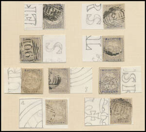 1850-51 Sydney Views Plate V (Pearl in the Fan) on Stout Vertically Laid Paper 2d ultramarine SG 38 nine examples each with a fragment of the Papermaker's Watermark, all with almost full to full margins, cancellations include BN '3' of Windsor, '48' of Ta