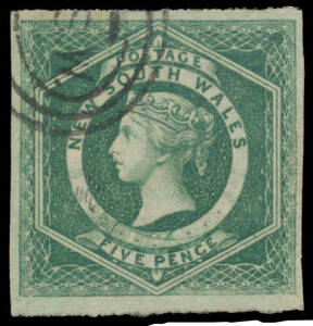 1854-59 Imperforate Large Diadems 5d dull green SG 88, margins good to large, part-Sydney duplex clear of the Queen's portrait, Cat &pound;650. Superb!
