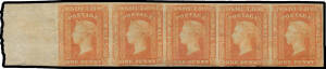 1856-60 Imperforate Small Diadems 1d orange-vermilion SG 107 horizontal strip of 5 from the left of the sheet, margins good to enormous (at left), large-part o.g., Cat &pound;1625++. Stated to be the third-largest recorded unused multiple.