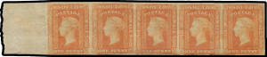 1856-60 Imperforate Small Diadems 1d orange-vermilion SG 107 horizontal strip of 5 from the left of the sheet, margins good to enormous (at left), large-part o.g., Cat £1625++. Stated to be the third-largest recorded unused multiple.