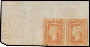 1856-60 Imperforate Small Diadems 1d orange-vermilion SG 107 corner pair from the upper-left of the sheet with top of the ornamental pattern in the left-hand margin, margins just clear to enormous, ironed-out vertical crease through the first unit, unused