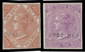 1867-93 De La Rue New Values 4d & 10d imperforate plate proof singles in the issued colours on ungummed unwatermarked or '10' watermarked paper both with small sans-serif 'SPECIMEN' (Marcus Samuel Type D2), margins close to good. Rare. [Absent from Bill M