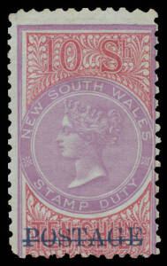 1885-86 Stamp Duty Overprinted 'POSTAGE' in Blue Perf 10 10/- mauve claret/bluish paper SG 241, large-part o.g., Cat &pound;1700.