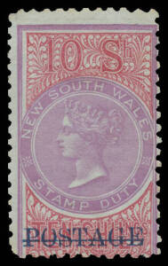 1885-86 Stamp Duty Overprinted 'POSTAGE' in Blue Perf 10 10/- mauve claret/bluish paper SG 241, large-part o.g., Cat £1700.