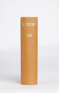 "Wisden Cricketers' Almanack" for 1909, rebound in tan cloth, preserving front wrapper. Fair/G.