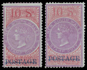 1885-86 Stamp Duty Overprinted 'POSTAGE' in Blue 10/- Perf 12 SG 241b two examples, in mauve & deep claret, and in deep mauve & claret, large-part o.g., Cat &pound;600. Ex Guy Hutson.