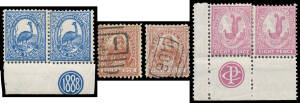 1888-89 Centennial Perf 12x11½ range on leaves with mint including all values to 1/- x13 plus 2d Emu pair with '1888' Monogram & irregular block of 10 with 'CP' & 'G Pr O/NSW' Monograms, 4d Captain Cook x16 including two pairs, 6d carmine-pink x4, 8d Lyre