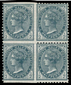 1892-99 New Denomination ½d slate Perf 12x11½ block of 4 the left-hand units apparently Imperforate Three Sides SG 272c but with "blind perfs", the second unit with a small thin, large-part o.g., Cat £1600(-). Ex Guy Hutson: acquired for £645.