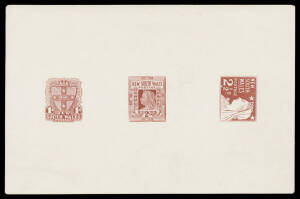 1897-99 Diamond Jubilee 1d + 2d + 2&frac12;d (sideways) composite die proof in deep brown on highly surfaced stock (143x94mm).