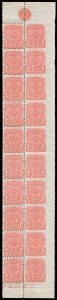 1899 Chalk-Surfaced Paper Ordinary Paper 1d scarlet-pink block of 20 (2x10) being the two right-hand columns from the left-hand pane, all units in the right-hand column being Imperforate Three Sides, complete '1897' Monogram at upper-right & part marginal