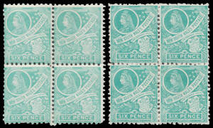1899 Chalk-Surfaced Paper Perf 11x12 6d yellow-orange SG 306 mint x11 including a block of 4 & used x7, and 6d emerald SG 307 mint x14 including two blocks of 4 (slightly different shades) & used x8, generally very fine, Cat &pound;1500++. Ex Guy Hutson. (41)