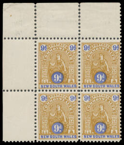 1905 Crown/A 9d yellow-brown & ultramarine Perf 11 BW #N50B (SG 352a) upper-left corner block of 4, three units are unmounted, Cat $600++ (&pound;440++) mounted.