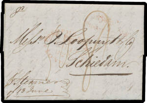 1826 mercantile entire headed "Sydney 18 Decr 1826" to the Netherlands endorsed "pSteamer/of 13 June" with oval 'POST PAID SHIP LR/12AU12/1827/LONDON' d/s in red & Dutch 'England/...Amsterdam' b/s in red, rated "8" & "50", remarkably fine. Oh that this wa