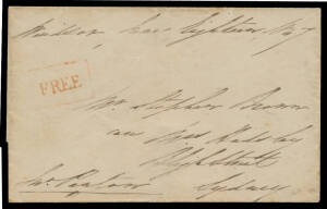 1847 small outer endorsed "Windsor June Eighteen 1837" at the top & signed "JW Panton" (?) at lower-left, largely superb strike of the small boxed generic 'FREE' h/s in red & oval 'WINDSOR/[crown]/JU*18/1847/NEW.S.WALES' b/s, very fine GPO arrival b/s. [T