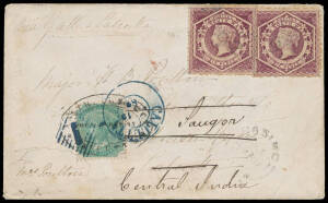 1868 (Sep 1) cover to a British officer in India "Via Galle" with Diadems Perf 13 6d purple SG 165 x2 cancelled with light but clear Rays '92' Type 1 (rated RRR) of 'CASINO' (light cds at the base), 'STEAMER LETTER/ CALCUTTA/OC16/68' arrival b/s in red, r