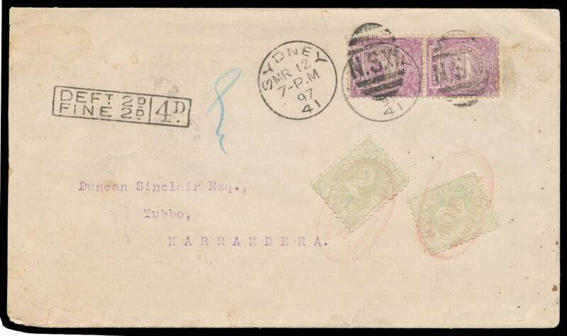 1897 cover - reduced at left - with 1d pair only tied by Sydney duplex, superb boxed 'DEFT 2D/FINE 2D - 4D' h/s, NSW Postage Dues 2d x2 tied by two light strikes of the rare oval 'MOO & GSB/15MAR97/NARRANDERA' d/s in red, minor blemishes.