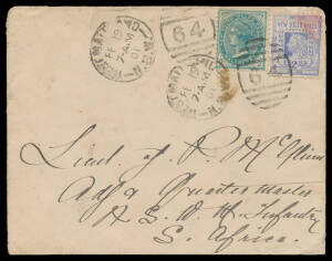 1901 cover to the NSW Mounted Infantry Quartermaster in South Africa with &frac12;d & 2d tied by 'WEST MAITLAND/NSW - 64' duplex, Sydney transit b/s, minor blemishes. Inwards mail to the Australian troops during the Boer War is rare.