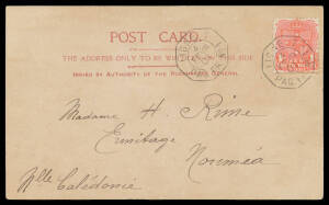 1901 Robert Jolley PPC ("BOTANICAL GARDENS, SYDNEY") to New Caledonia with message in French, NSW 1d Arms tied by one of two very fine strikes of the French mailboat 'LIGNE T/4/FEVR/01/PAQ FR No1' d/s.