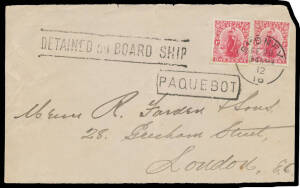 1903 New Zealand 1d Postal Card for Union Bank to London with 1d Universal added for late fee, Sydney duplex & boxed 'PAQUEBOT' h/s; and 1912 cover front to London with NZ 1d Dominion x2 tied by Sydney cds, boxed 'PAQUEBOT' h/s & superb strike of the rare