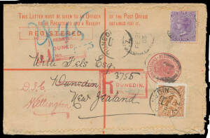 1903 usage of 3d Registration Envelope to New Zealand with scarce albeit philatelic franking of 10d violet tied by Sydney cds, Dunedin arrival b/s & readdressed to Wellington with 3d Birds for redirection fee added & tied by 'DUNEDIN/ R ' cds & boxed regi