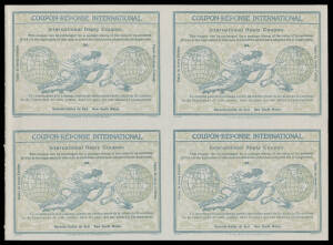 INTERNATIONAL REPLY COUPONS: 1906 Globes & Allegorical Figure 3d with Two Lines of Text Above & Below the Illustration, 'Nouvelle-Galle du Sud - New South Wales' at the base & tiny 'V Benziger & Co...Schweiz' imprint in the lower margin, an uncut block of