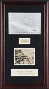 DOUGLAS JARDINE & HAROLD LARWOOD, display comprising Douglas Jardine signature on piece, window mounted with Harold Larwood signature on Bodyline picture, framed & glazed, overall 37x67cm.