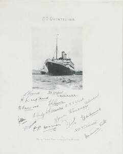 1932-33 BODYLINE TOUR: Lovely lithographed picture of the Orontes with facsimile autographs of the England team below, endorsed "S/S Orontes 1933. This Team Recovered the Ashes" & signed by Maurice Tate, window mounted, framed & glazed, overall 40x51cm. S