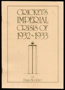 1932-33 BODYLINE TOUR: "Cricket's Imperial Crisis of 1932-1933" by Stoddart [Canberra, c1979], limited edition of 200. Wholesale quantity of 53 copies, including No.004 signed by the author and Harold Larwood. Few with cover faults, most in G/VG condition
