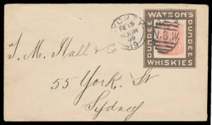 ENVELOPES - STO: Arms 1d red Die I for Waverley Brewery with 'WATSON'S DUNDEE WHISKIES' advertising collar, local usage in 1899. Rare & desirable: very few Australian postal stationery items bear advertising collars.