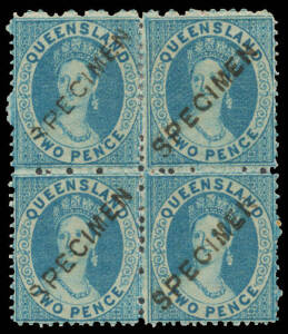 Selection of Small Chalons from various issues with values to 1/- grey x5 & 1/- violet x2 plus 2/- x2, 2/6d, 5/- x4 & 10/- including 2d scarce block of 4, all with various types of 'SPECIMEN' handstamp, minor duplication, many with part- to large-part o.g