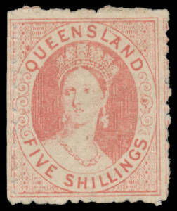 1866-67 Lithographs 5/- pale rose SG 58, characteristic rough perfs & cut from the sheet at left to preserve the design, unusually with large-part o.g., Cat £1100. A rare stamp, especially this fine.