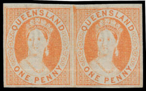 1868-78 Crown/Q 1d orange-vermilion Imperforate Pair SG 88a, margins good to large with complete outer framelines, light ironed-out horizontal crease, unusually with large-part o.g., Cat £800. Fresh as a daisy!