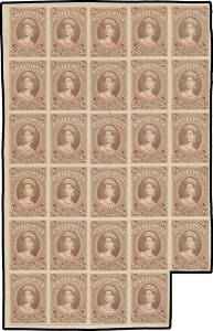 1882-95 Large Chalons 2/6d imperforate plate proof complete sheet of 30 (5x6, the last unit excised with attendant minor scissor-cuts between the units above & to left) in brown on thin card, complete but close outer margins, each unit with 'SPECIMEN' han