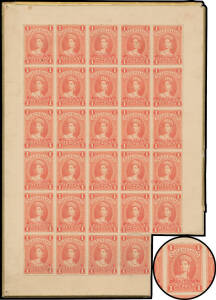 1882-95 Large Chalons £1 imperforate plate proof complete sheet of 30 (5x6, the last unit excised with attendant minor scissor-cuts between the units above & to left) in bright orange-vermilion on thin card, complete but close outer margins, 'SPECIMEN' ha