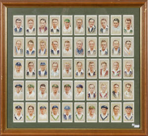 1934 Players cigarette cards, "Cricketers 1934" [50], window mounted, framed & glazed, overall 51x46cm. Attractive.