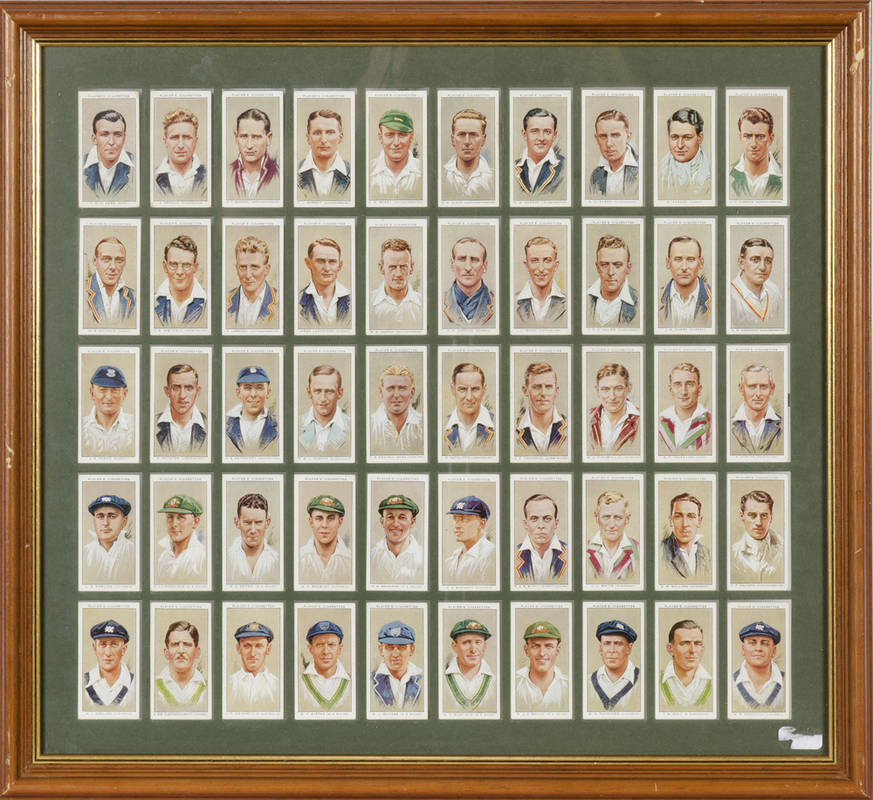 players cigarette cards 1934 Players cigarette cards, Cricketers 1934 [50], window mounted, framed  & glazed, overall 51x46cm. Attractive