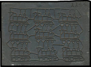 RAILWAY STAMPS: 1903 Wmk Antique Locomotive master plate of six watermark "bits" from which the dandy roll was developed, instrument number '1144' impressed at upper-right. The watermark bits were constructed from fine wire that was affixed to the surface