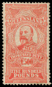 REVENUES: 1906 KEVII Impressed Duty £500 red, exceptional centring, a little soiled, apparently unused, Elsmore Online Cat $5000. The first example we have offered.