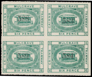 PRIVATE RAILWAY STAMPS: Cairns-Mulgrave Tramway Large Format 1d 3d & 1/- and Small Format 2d 3d 6d & 1/- blocks of 4 all overprinted with Serial Numbers in black, unused with no gum as issued. (7 blocks)