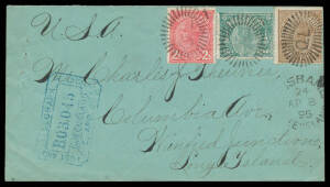 1895 cover to the USA with ½d 2½d & 3d, chamfered-boxed 'POST AND - TELEGRAPH - DEPARTMENT/ QUEENSLAND/4APR95' cachet in blue at left, minor pinholes. Not previously seen by us.