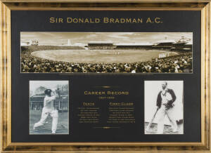 DON BRADMAN, display "Sir Donald bradman A.C. - Career Record 1927-1949", compring signed photograph of Bradman playing a straight drive, window mounted with panoramic photograph of 1931 Australia v South Africa at SCG, limited edition 160/200, framed & g