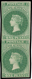 1855 London Printings by Perkins Bacon 1d plate proof vertical pair in green - brighter than the issued colour - on ungummed unwatermarked paper with a plate scratch between the units from the 'P' of 'PENNY' to the 'E' of 'POSTAGE', margins just shaved t