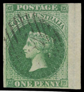 1855 London Printings by Perkins Bacon 1d dark green SG 1 marginal example from the right of the sheet, margins just clear to huge, light Diamond-Numeral '1' cancel, £500. Superb!