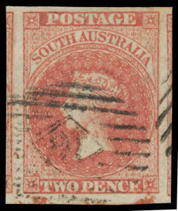 1855 London Printings by Perkins Bacon 2d rose-carmine SG 2, margins good to large with chunks of the adjoining units at left & right, Cat &pound;85. Superb!