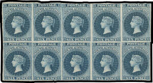 1855 London Printings by Perkins Bacon 6d plate proof block of 10 (5x2) in blue on ungummed unwatermarked paper, margins close to large except at the top of the third unit where there is a small inclusion, ironed-out vertical crease across the second col