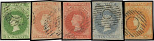 1856-58 Adelaide Printings 1d yellow-green with a fragment of the adjoining unit at right, 2d orange-red with a fragment of the adjoining unit at right, 2d red, 6d slate-blue with a chunk of the adjoining unit at right, and 1/- orange-red SG 6 7 9 10 & 11